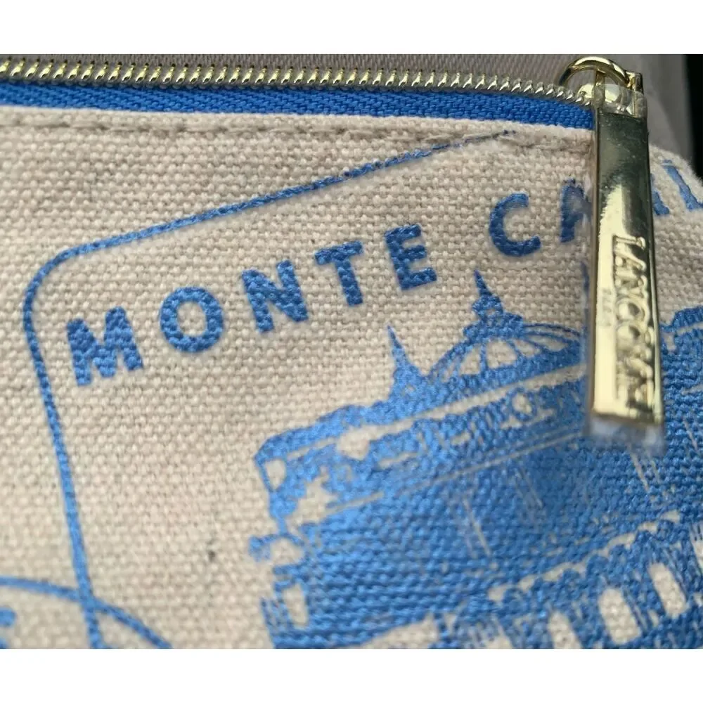 Lancôme Beige Canvas French Travel Pouch in Blue Stamps - Vintage Aesthetic